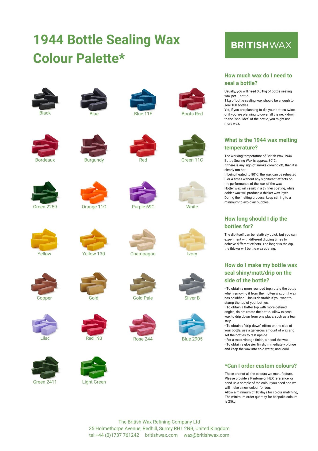 List of the available colours of Bottle Sealing Wax by British Wax