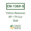 Product label for Yellow Beeswax, BP / Ph. Eur grade, in slabs. By The East Africa Wax Co.