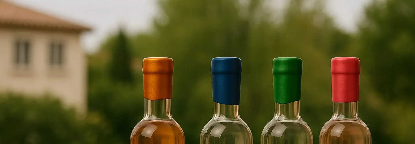 Four bottles, with their tops sealed with coloured wax.