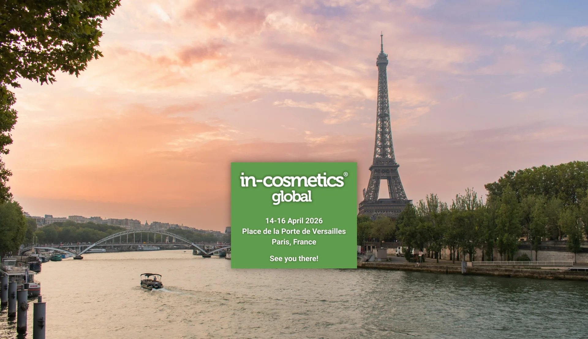 A banner showing the Eiffel tower advertising the incosmetics 2026 in Paris, France